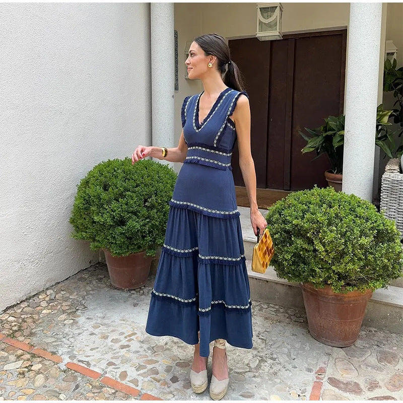 Women's Retro Tassel Stitching Fashion Sleeveless High Dresses