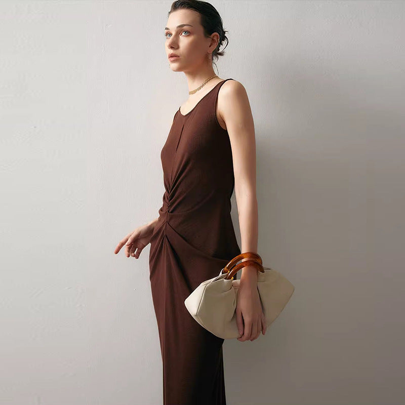 Color Round Neck Sleeveless Dress Pleated Dresses