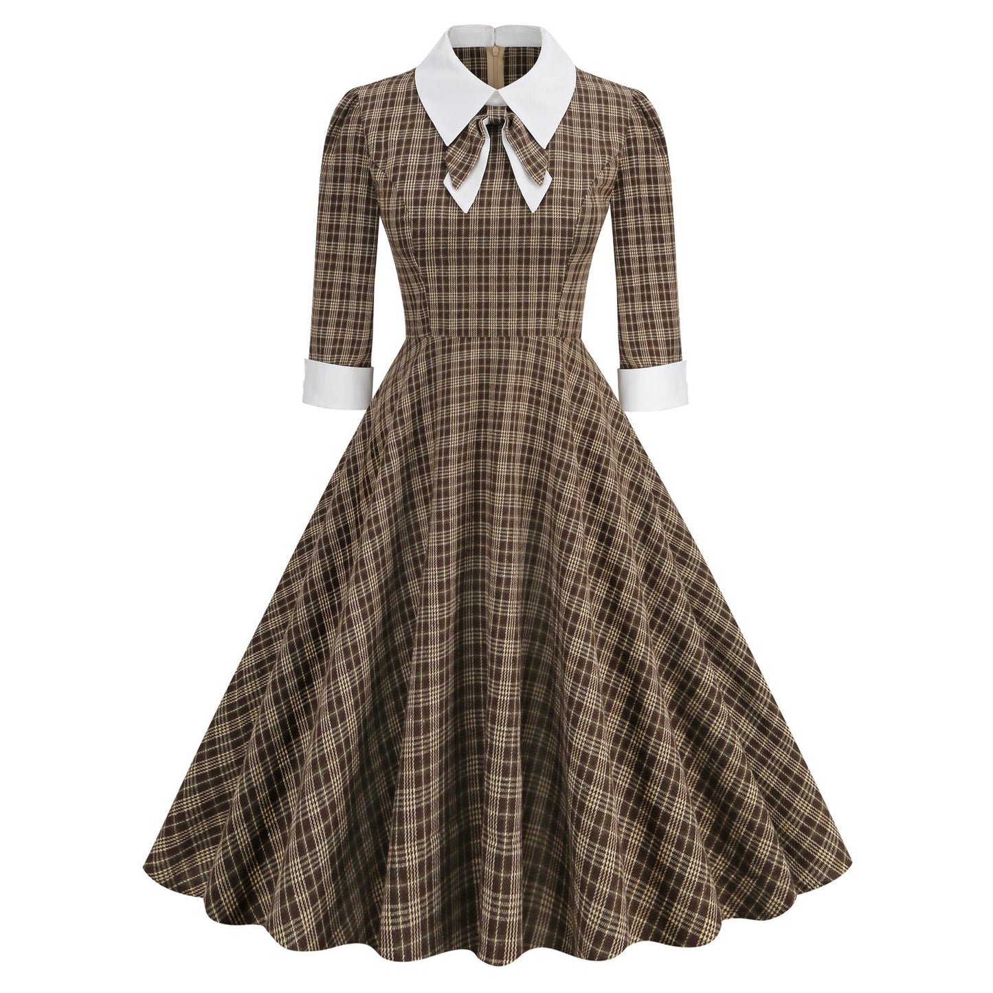Women's Hepburn Style Retro British Lattice Contrast Color Collar Bow Dresses