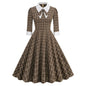 Women's Hepburn Style Retro British Lattice Contrast Color Collar Bow Dresses