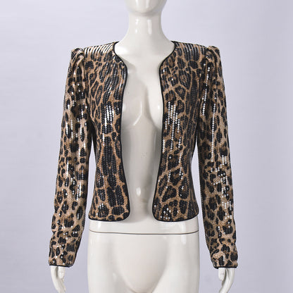 Women's Leopard Print Sequin Personality Outdoor Long Coats