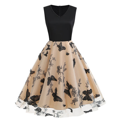 Sleeveless Mesh Butterfly Patchwork Retro Dress Dresses