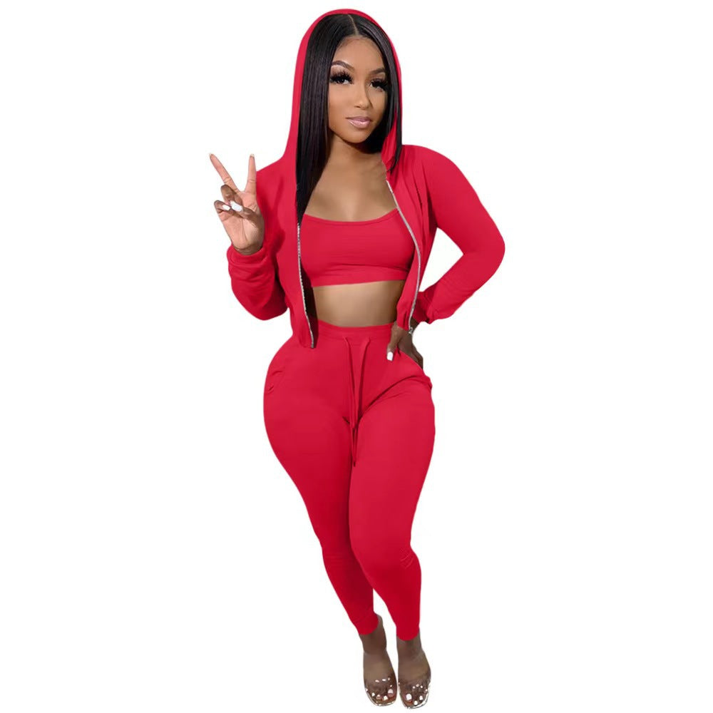 Women's Hooded Sports Casual Set Three-piece Suits