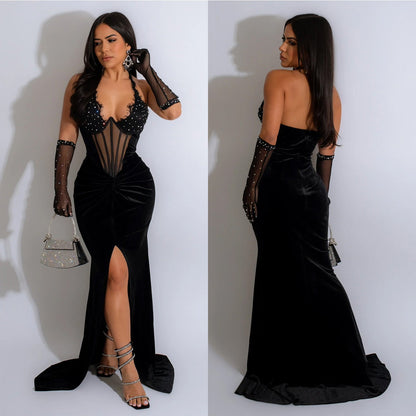 Women's Fashion Wear Pure Color Halter Split Sexy Dresses