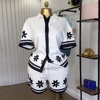 Women's Fashion Polo Collar Color Matching Printed Suits