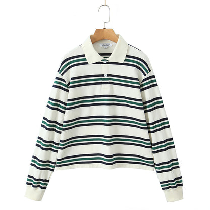 Women's Lapel Loose Casual Striped Long-sleeved T-shirt Blouses