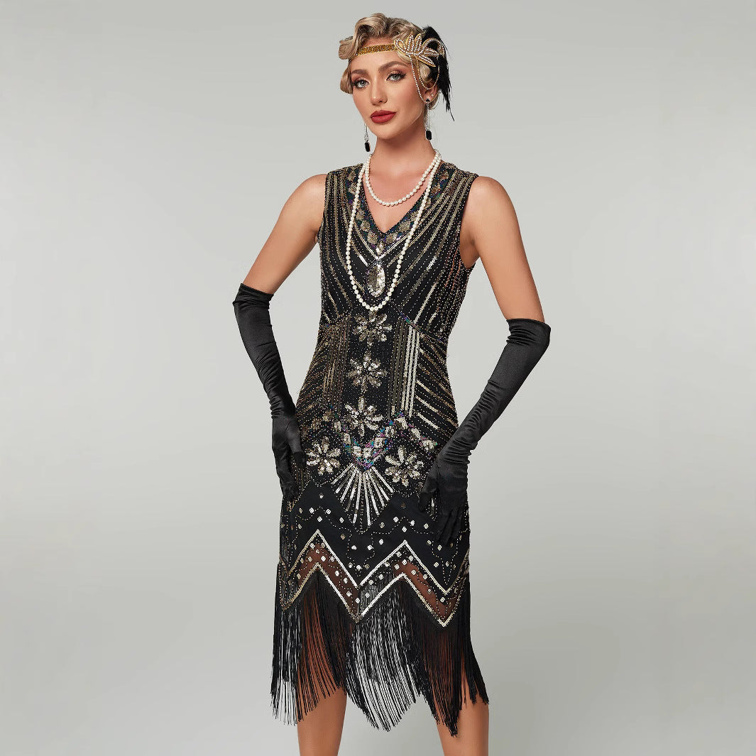 Retro Style Sequin Bead Dress Front Back Evening Dresses