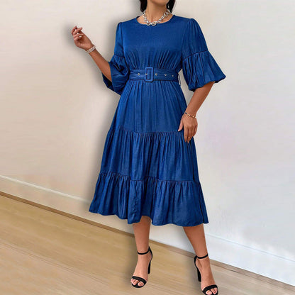 Women's Bubble Sleeve Round Neck Fashion Denim Dresses