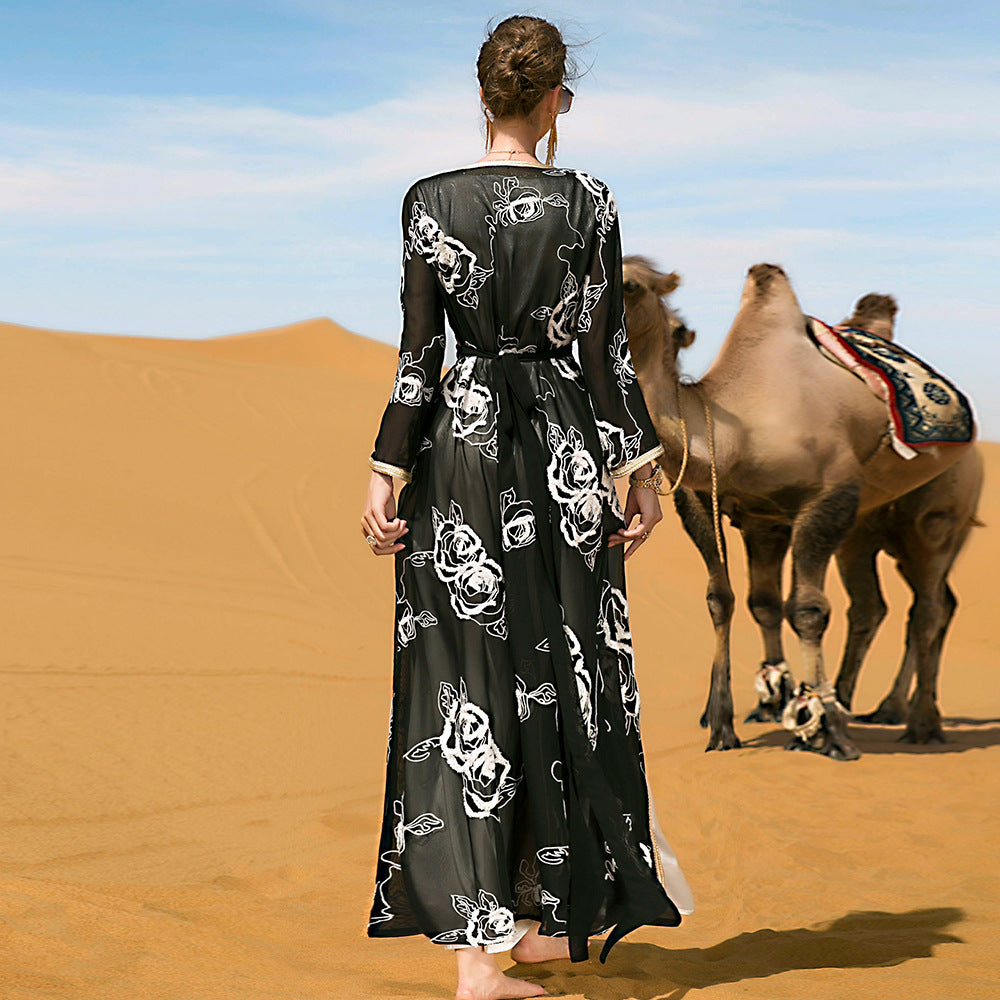 Women's Arabic Black White Flowers Two-piece Embroidery Dress Dresses