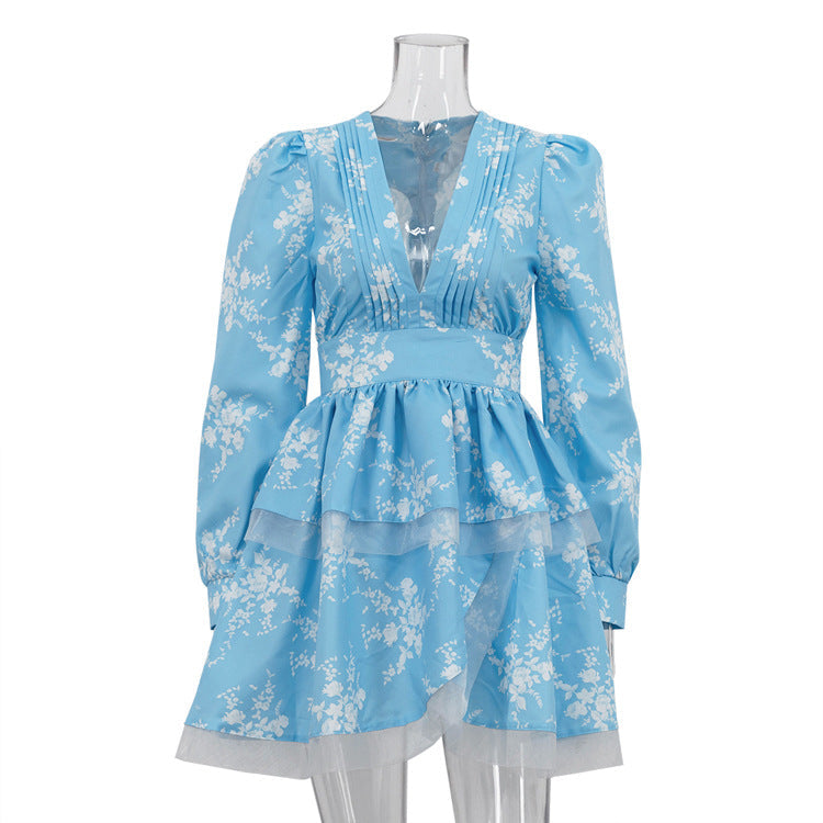 Women's Pleated Printed Dress Long Sleeve Graceful Dresses
