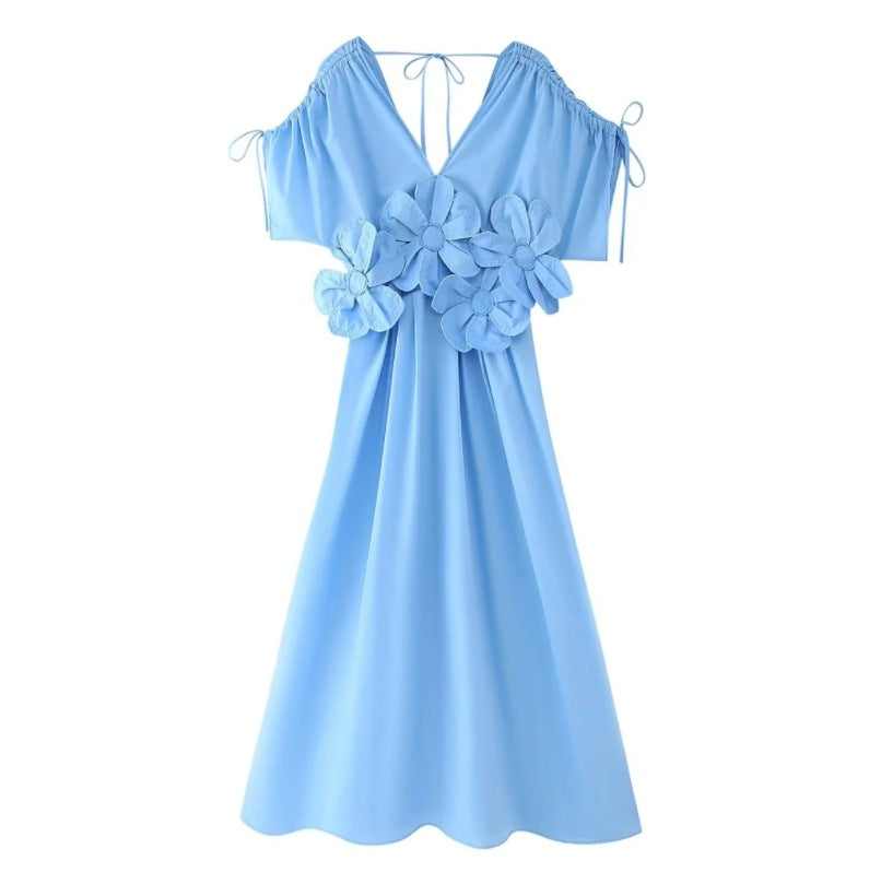 Women's Blue Stereo Flower Bow Tie Vacation Clothing