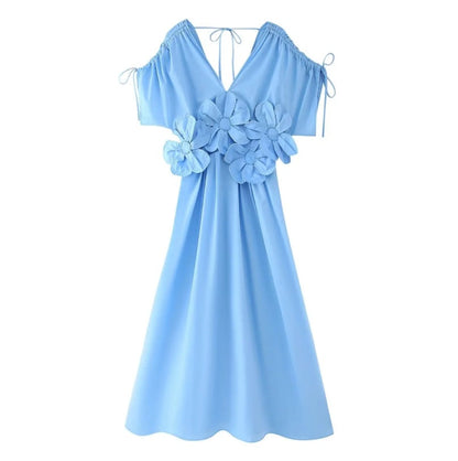 Women's Blue Stereo Flower Bow Tie Vacation Clothing