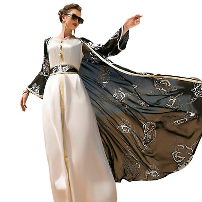 Women's Arabic Black White Flowers Two-piece Embroidery Dress Dresses