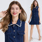 Women's French Style Rhinestone Waist Pleated Denim Dresses