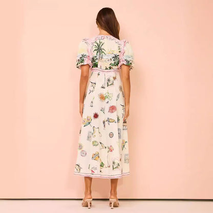 Printing Fashion Puff Sleeve Slim Fit Dresses