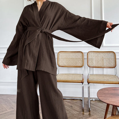 Women's French Style Loose Trousers Gauze Two-piece Solid Suits