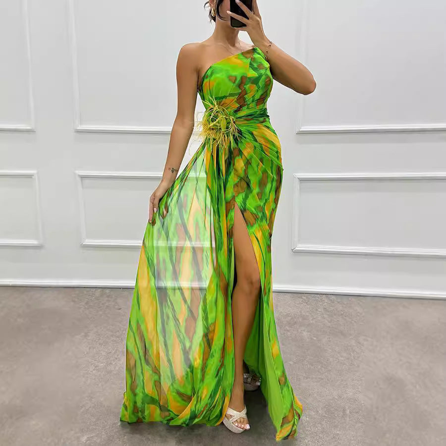 Women's Chiffon Floral Print Slit Dress Casual Dresses
