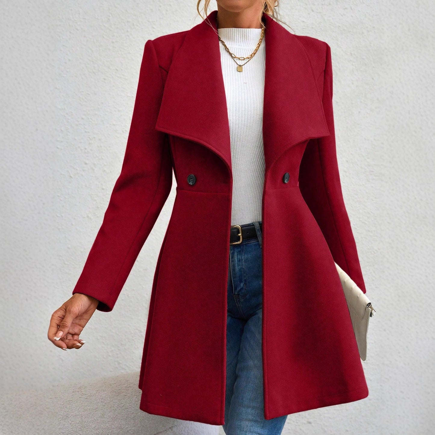 Women's Woolen Slim Fit Long Fashion Lapel Coats
