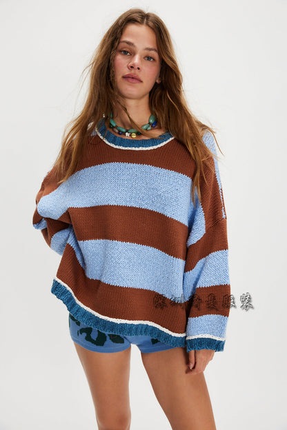Women's Color Striped Pullover Fashionable Knitted Loose Sweaters