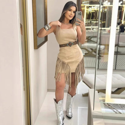 Women's Square Collar Sling Tassel Dress Without Dresses