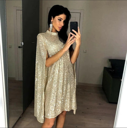 Women's Sequin Long Sleeve Split Dress Small Stand Dresses
