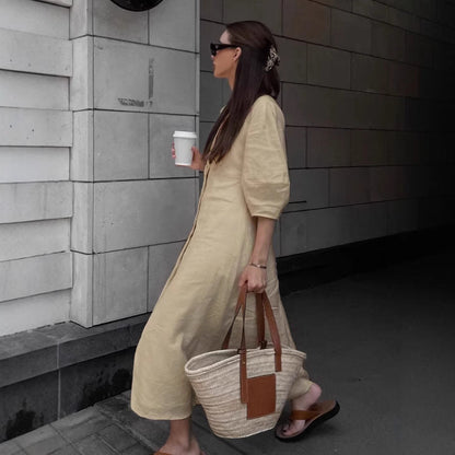 Women's Simple Casual Loose Cotton Linen Dress Autumn Puff Sleeve Dresses