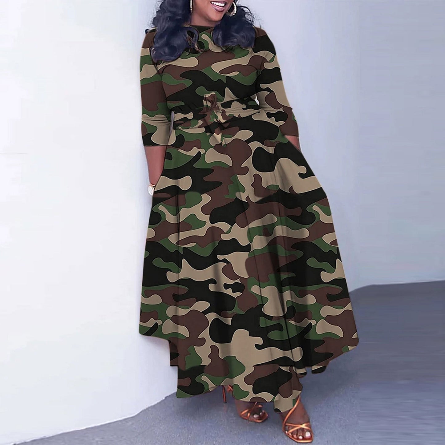 Slim Fit Camouflage Printed Large Waist Trimming Dresses