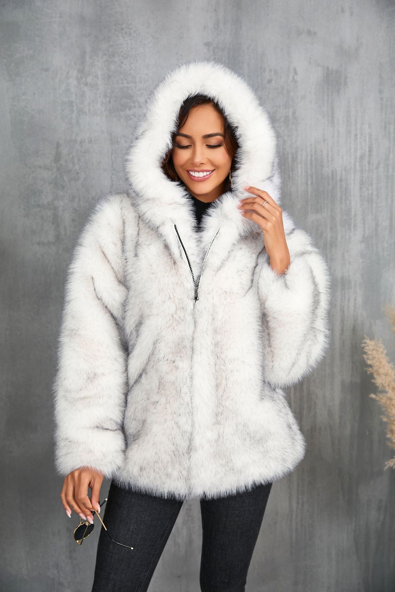 Fur Solid Color Loose Hooded Collar Coats