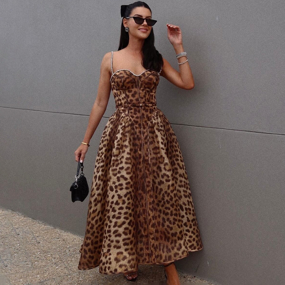 Women's Sexy Sling Summer Leopard Print Backless Dresses