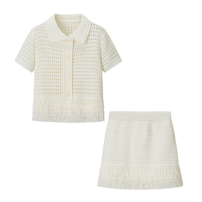 Women's Tassel Short-sleeved Knitted High Waist Mini Suits