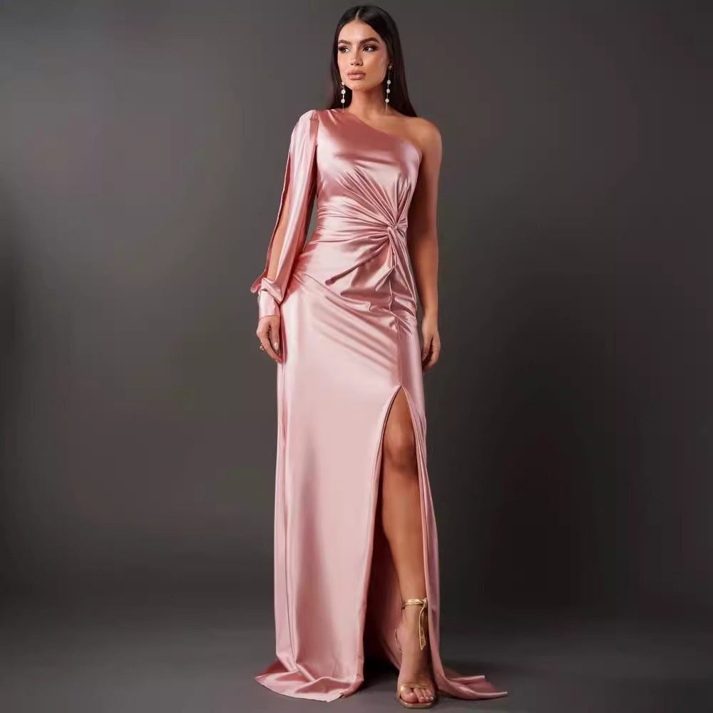 Women's Diagonal Collar Raglan Sleeve Pleated Waist Tight Split Dresses