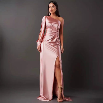 Women's Diagonal Collar Raglan Sleeve Pleated Waist Tight Split Dresses