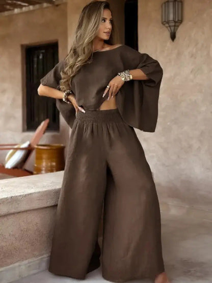 Women's Solid Color Elegant Two-piece Round Neck Wide Suits