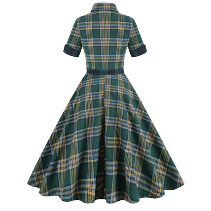Women's Retro Elegant Hepburn Style British Plaid Dresses