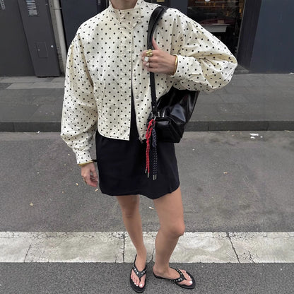 Women's Polka Dot Print Stand Collar Long Coats