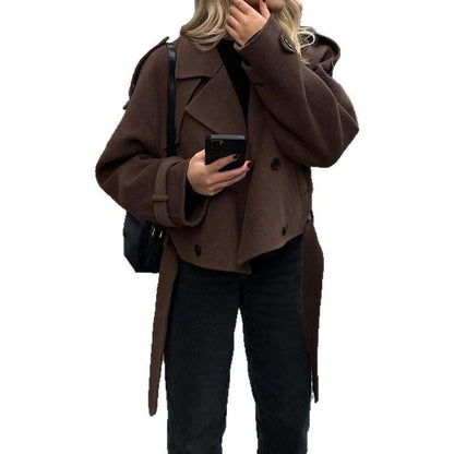 Women's Large Lapel Woolen Fashion Belt Overcoat Coats