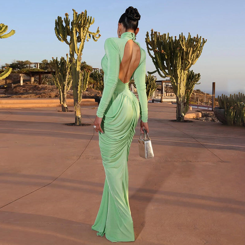 Women's Temperament High Collar Solid Color Long Dresses