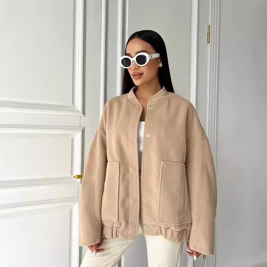 Women's Casual Stand Collar Large Pocket Solid Coats
