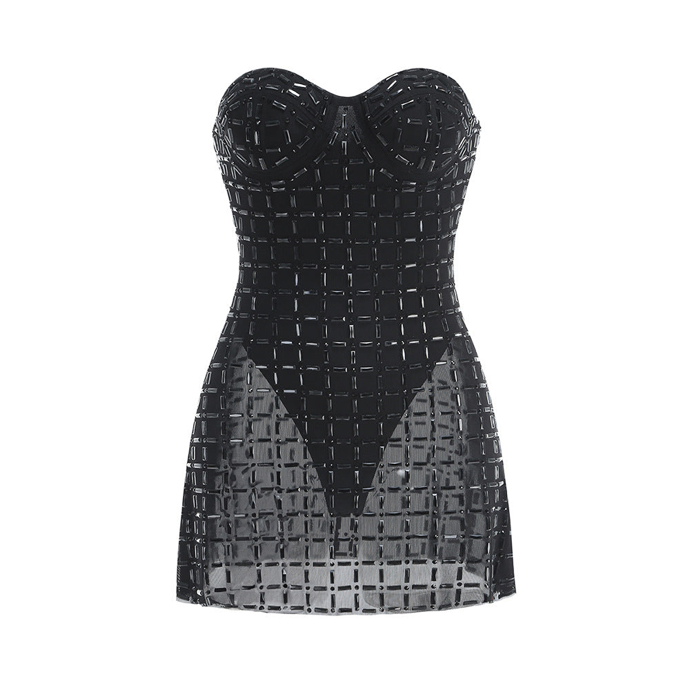 Rhinestone Slim Fit Backless Tube Dress Tops