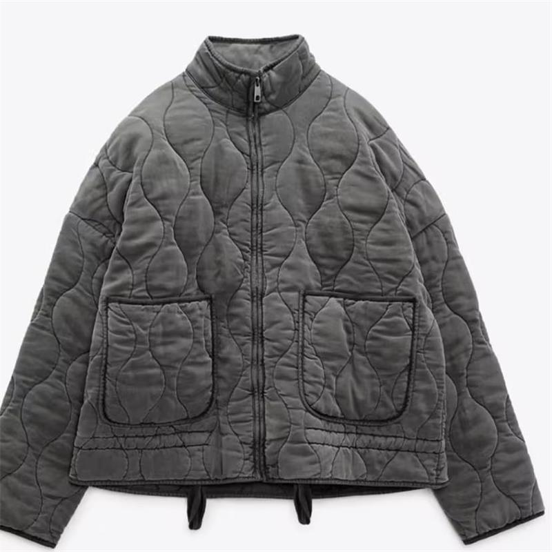 Women's Stand Collar Zipper Large Pocket Long Sleeve Coats