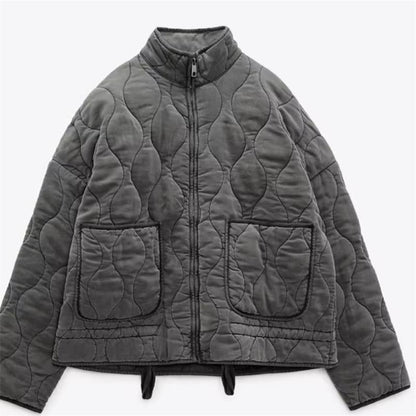 Women's Stand Collar Zipper Large Pocket Long Sleeve Coats