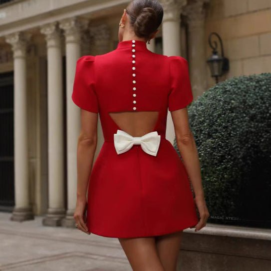 Half Turtleneck Back Hollow Dress Bowknot Dresses