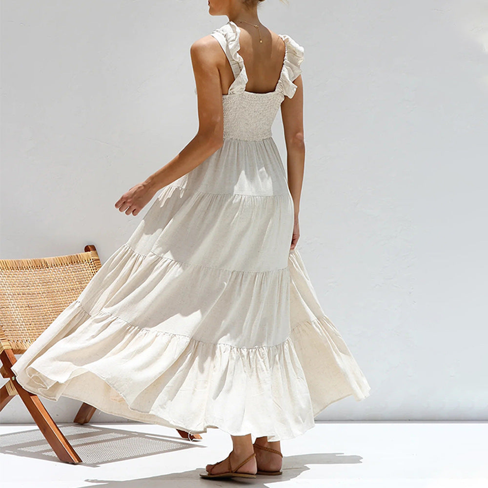 Sexy Cotton Linen Sleeveless Solid Color Lace Dresses
