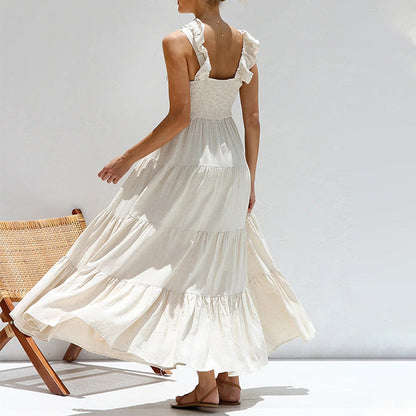 Sexy Cotton Linen Sleeveless Solid Color Lace Dresses