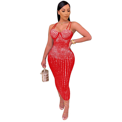 Women's Classic Sling Rhinestone Slim Dress Dresses