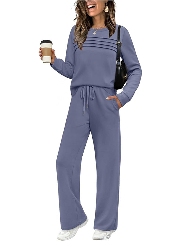 Women's Autumn Long Sleeve Round Neck Casual Elastic Waist Trousers Suits