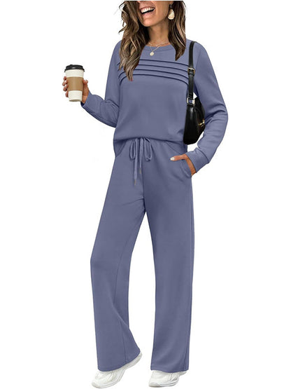 Women's Autumn Long Sleeve Round Neck Casual Elastic Waist Trousers Suits