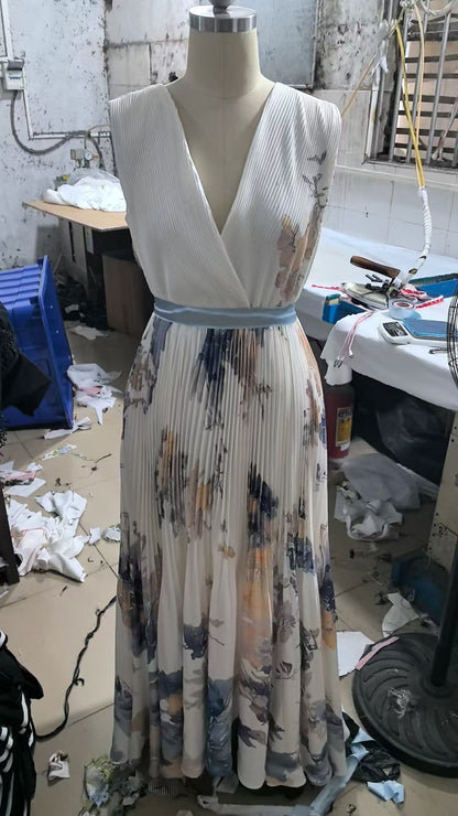 Women's Digital Print Collar Sleeveless Pleated Dress Dresses