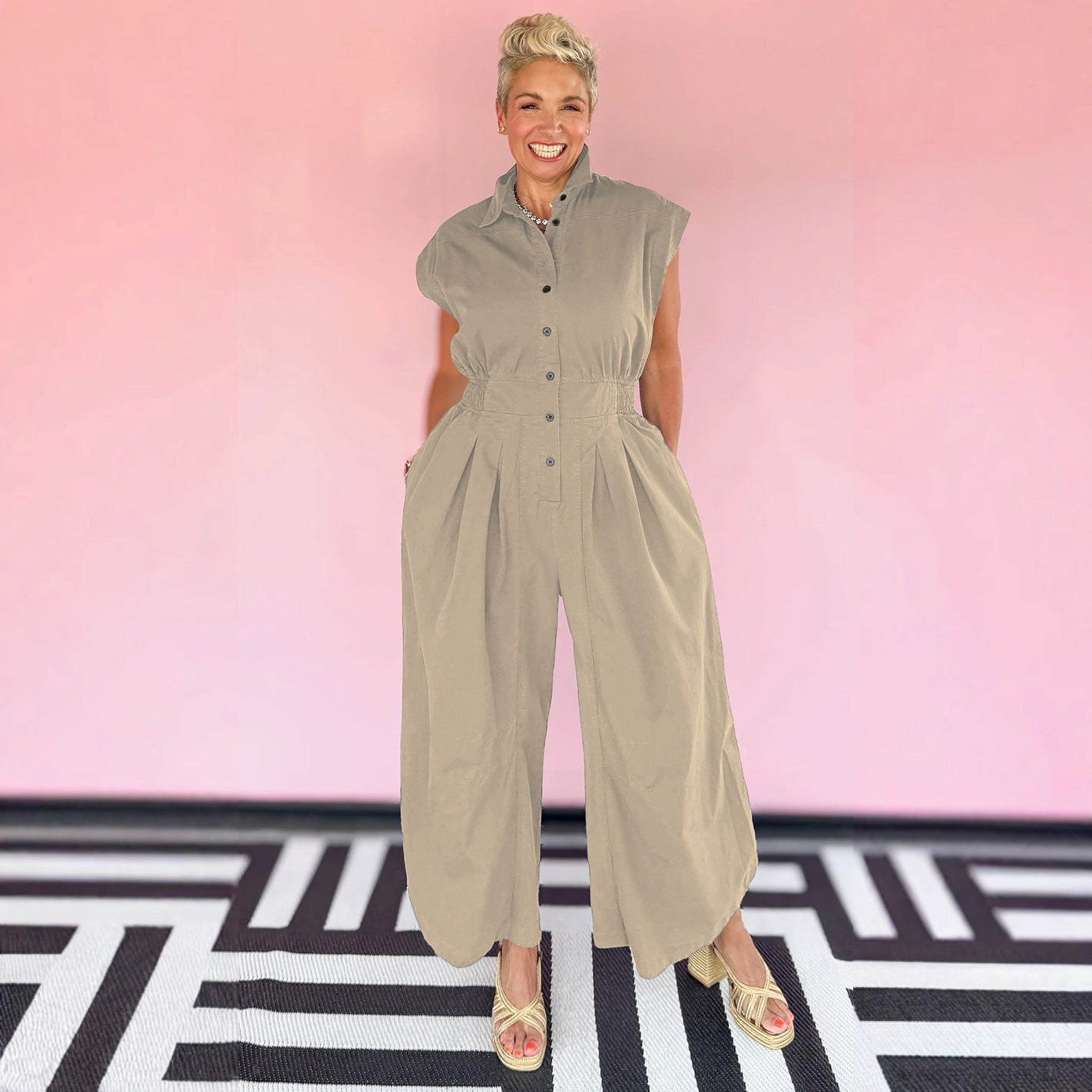 Lapel Sleeveless Button Tight Waist Overalls Suits