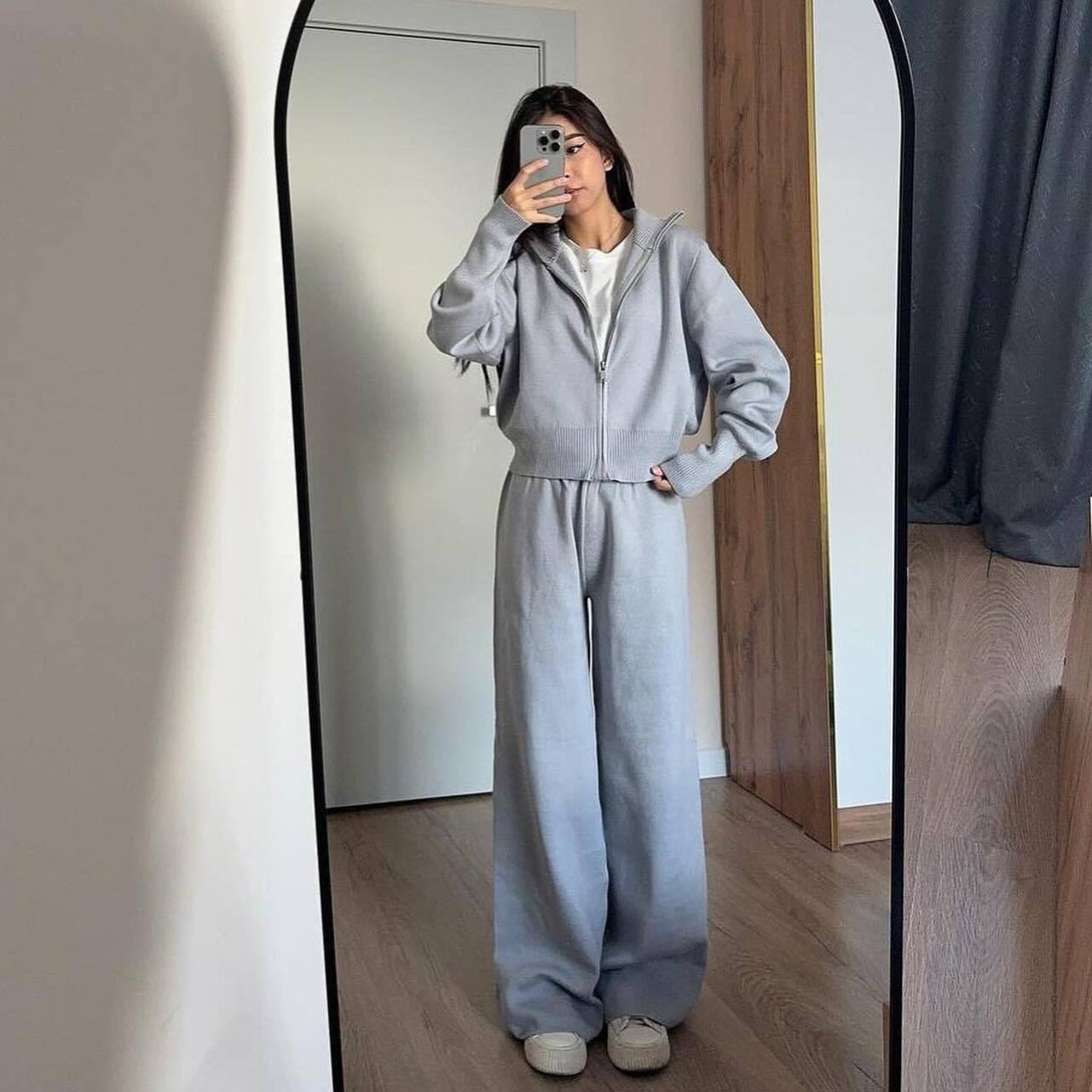 Women's Solid Color Slim Fit Knitted Trousers Suits